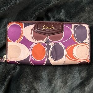 Coach Signature Circle Zip Wallet in Purple, Orange & Cream